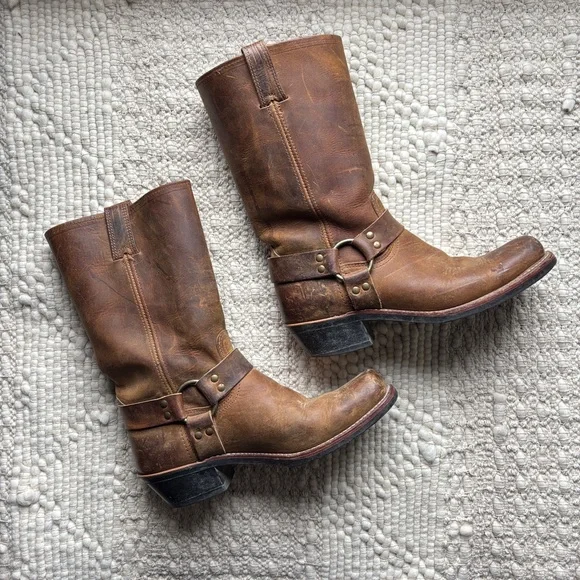 frye harness 12R tan brown distressed leather biker moto boots sz 11 - Picture 1 of 14